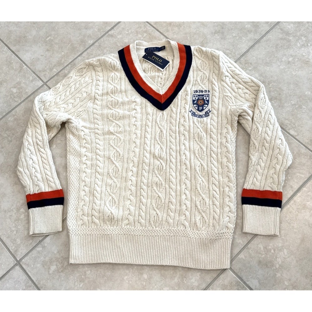 NWT Polo Ralph Lauren Cricket White Cable Knit Tilden Sweater Crest Shield Sz L‎